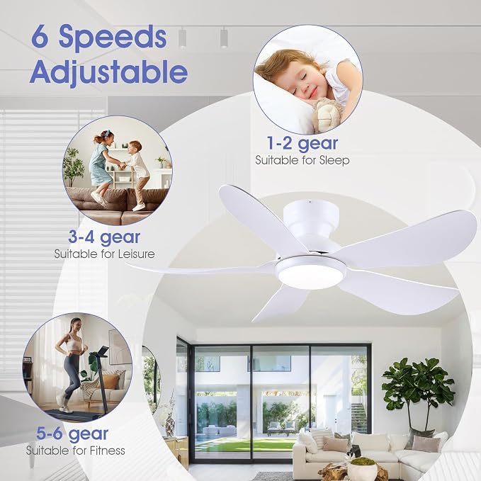 Kviflon 46 Inch Modern Ceiling Fans with Lights, Flush Mount Ceiling Fan with Light and Remote/APP Control, 5 Reversible 6 Speeds Curved Blades, 3 CCT Dimmable Lights for Bedroom, White