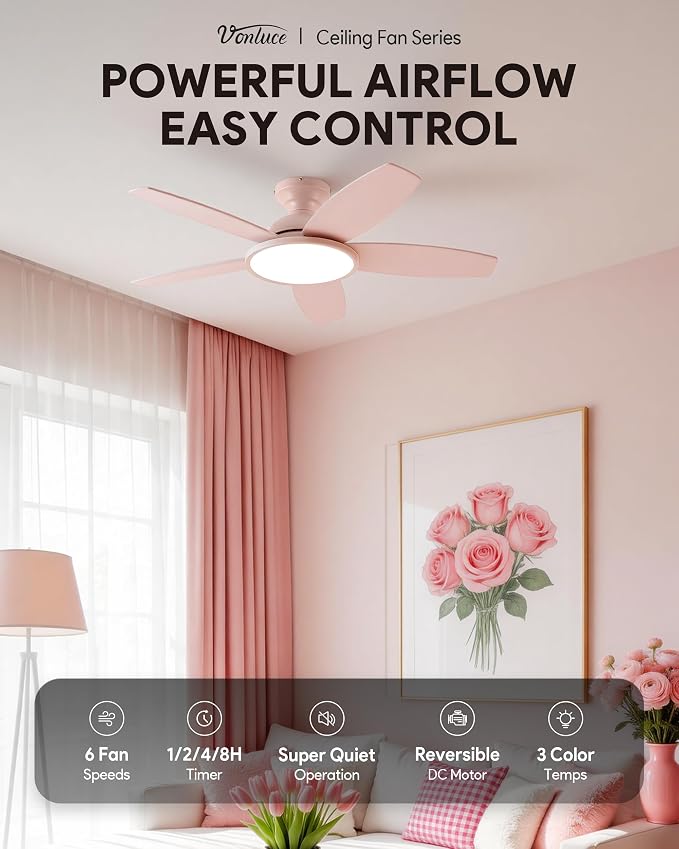 VONLUCE Ceiling Fans with Lights, 42 Inch Ceiling Fan and Remote, Full-Spectrum LED Light, 3CCT, 6-Speeds Noiseless Reversible DC Motor, Modern Ceiling Fan for Bedroom Living Room Farmhouse, Pink