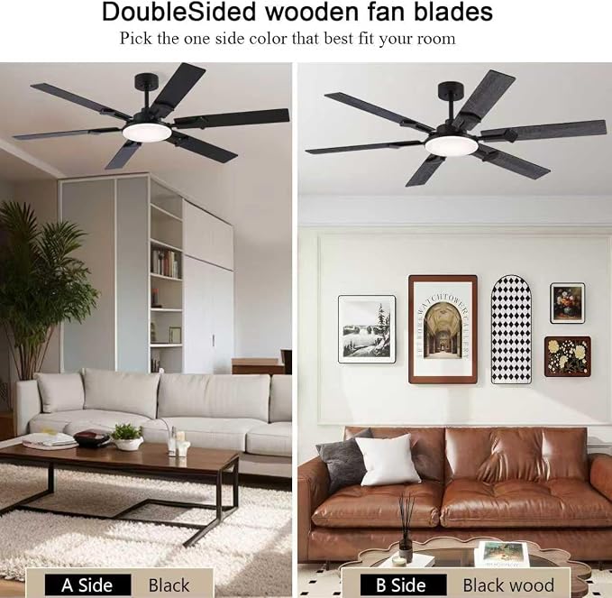 NKPU 66 Inch Large Ceiling Fans with Lights and Remote, Black Modern Indoor/Outdoor Ceiling Fan for Living Room Kitchen Patio, 6 Speed Reversible DC Motor, 3 CCT Lighting, Dual Finish 6 Blades