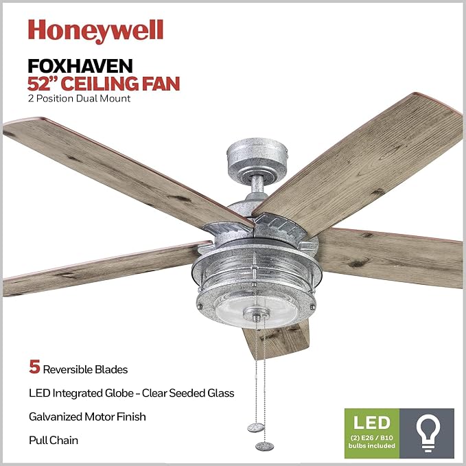 Honeywell Foxhaven Farmhouse 52 Inch Ceiling Fan with LED Light, Galvanized