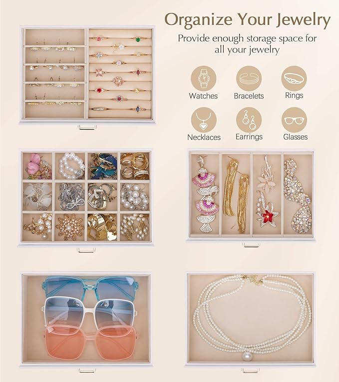 Homde Jewelry Box Large for Women: 6 Layers 5 Drawers Organizer with Mirror for Ring Earring Necklace - Storage Holder with Lock for Dresser - Ideal Gift Case (White)