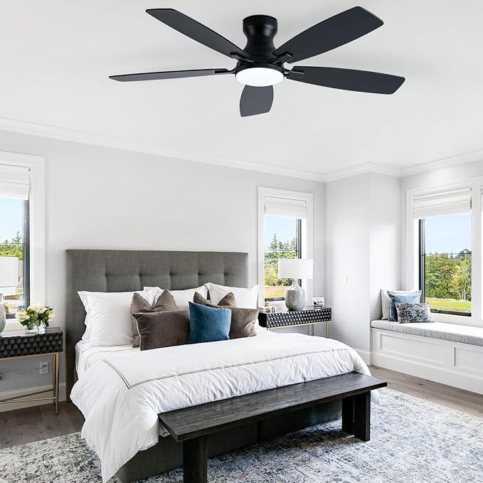 Coolwind 52 Inch Black Flush Mount Ceiling Fan with Display Remote/APP Control, Low Profile Quiet Ceiling Fan with Light, 5 Dual-Sided Blades, Dimmable, DC Reversible Motor for Bedroom, Living Room