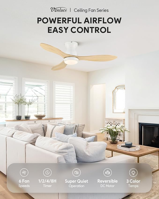 VONLUCE Wood Ceiling Fan with Lights, 42 Inch Flush Mount Ceiling Fan and Remote, 6-Speeds Quiet Reversible DC Motor, 3CCT, Natural Wood 3 Blades Outdoor Ceiling Fan for Patios Farmhouse, White