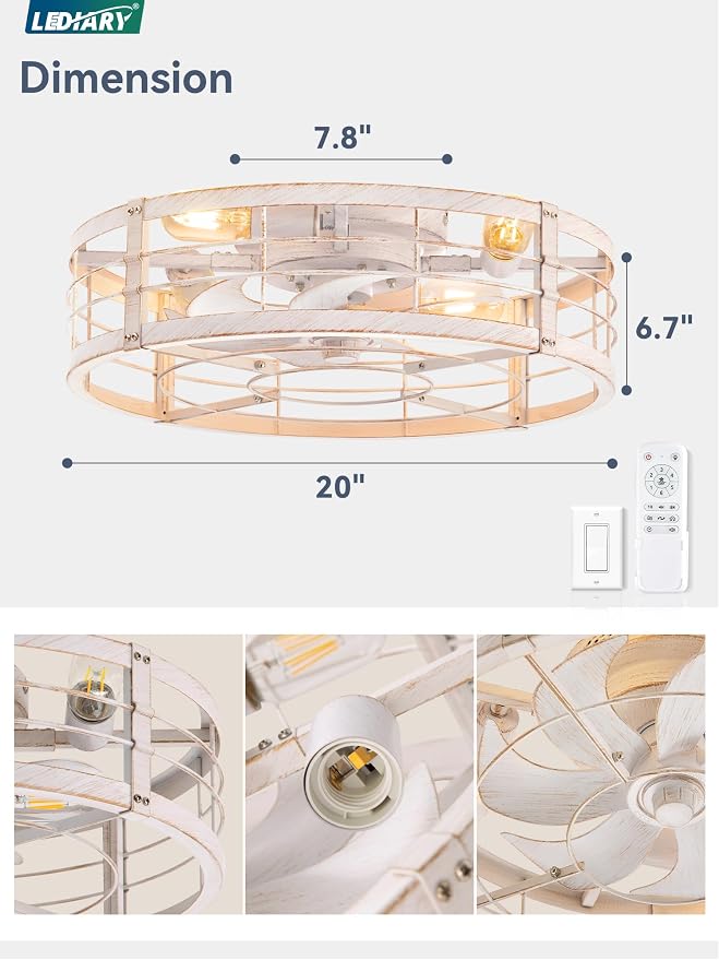 LEDIARY 20" Caged Ceiling Fan with Light and Remote, Low Profile Flush Mount Fandelier, White Gold Bladeless Enclosed Small Fan Lights Ceiling Fixtures, Rustic Farmhouse Style for Bedroom, Outdoor