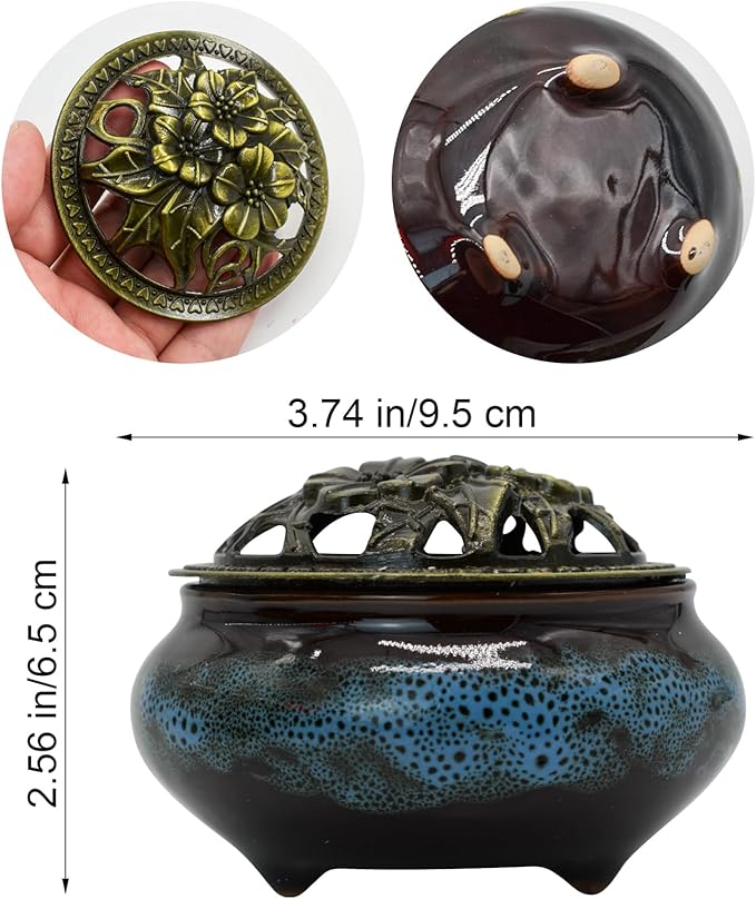 Ceramic Incense Burner with Lid, Incense Holder for Sticks Incense Cone Holder with Brass Incense Stick Holder for Yoga Meditation Home Decor (Fambe Blue)