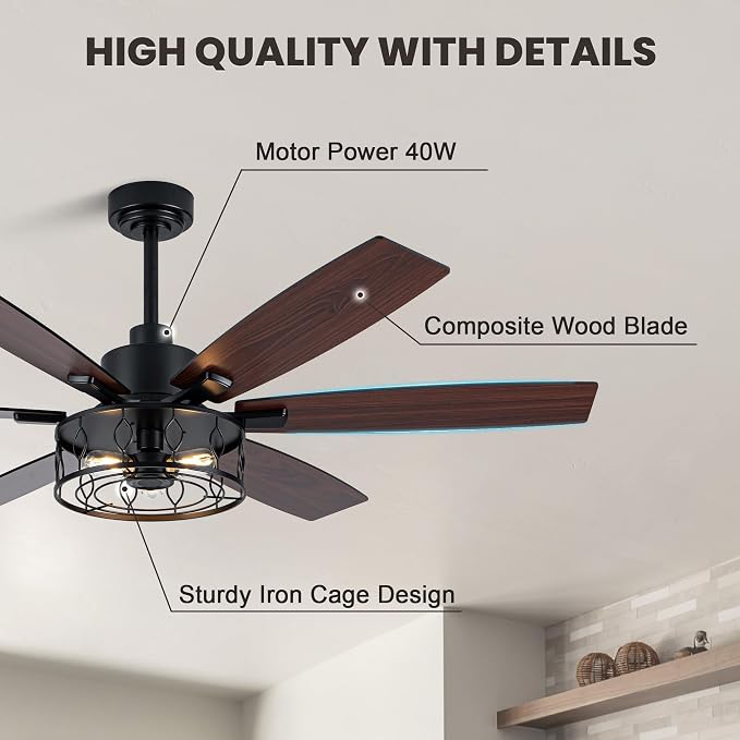 Dawn Whisper Black Ceiling Fans with Lights 60 Inch Farmhouse Ceiling Fan with Remote Quiet Reversible DC Motor 6 Speeds 8 Blades Large Industrial Chandelier Fan for Living Room Bedroom