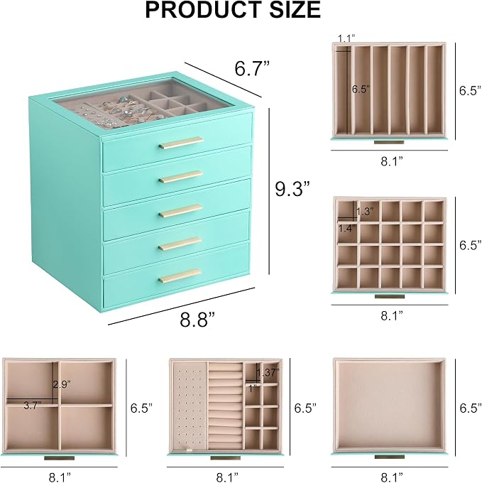 Frebeauty Jewelry Box for Women,Clear Lid Jewelry Organizer with 5 Drawers | Faux Leather,Velvet Lining,5-Layer Large Capacity,Jewelry Storage for Rings Earrings,Dustproof Design,Golden Stylish Handle