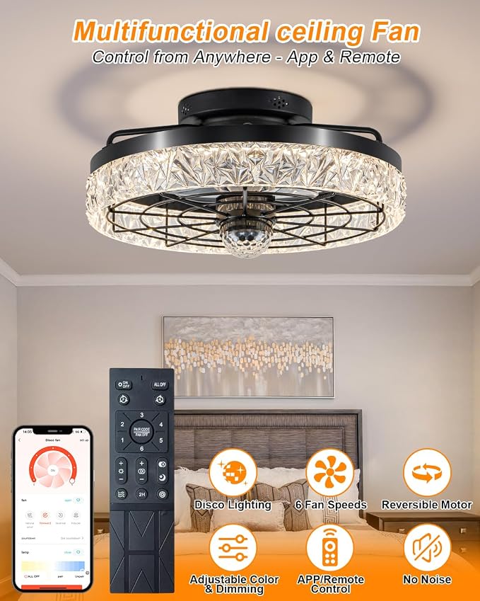 Disco Ceiling Fans with Lights,7 Color Disco Ball Modes, Flush Mount Low Profile Ceiling Fan with Light and Remote Control Dimmable 3 Color Reversible Motor 6 Speeds for Bedroom Living Room Party