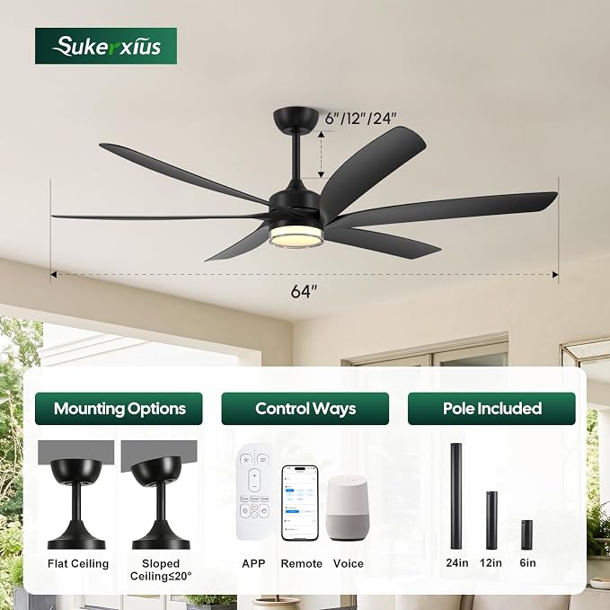 64 inch Smart Ceiling Fan with Light, Alexa/APP/Wifi/Remote Control, Large 6 Black Blades, High Airflow Quiet Reversible DC Motor, Indoor Outdoor Fans for Covered Patios, Gazebo, Deck, 3 Downrods