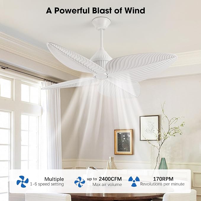 52" White Tropical Ceiling Fans, Flush Mount Palm Leaf Ceiling Fan no Light, Indoor Ceiling Fans Without Light for Living Room Bedroom Kitchen Covered Gazebo, APP and Remote Control