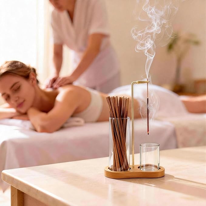 Glass Incense Holder, Black Incense Sticks Burner Holder with Storage,Hang Upside Down Incense Holder for Sticks with Glass Ash Catcher for Meditation Yoga Spa Room Decor (Natural Wood)