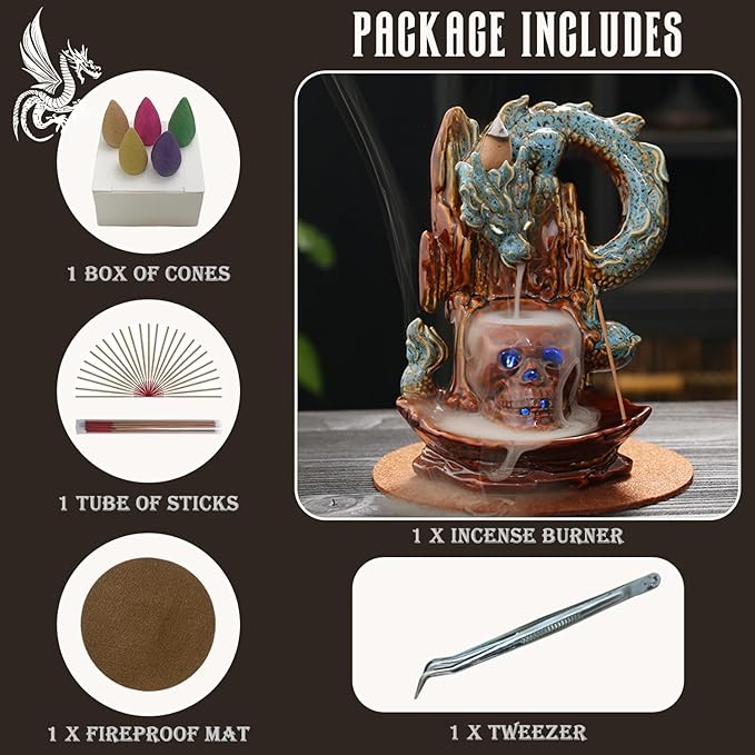 Skull Dragon Incense Burner Holder - LED Backflow Waterfall Cone Incense Holder, Ceramic Unique Skeleton Burner with Cones & Sticks for Halloween/Aromatherapy/Yoga/Home/Room/Office Deco