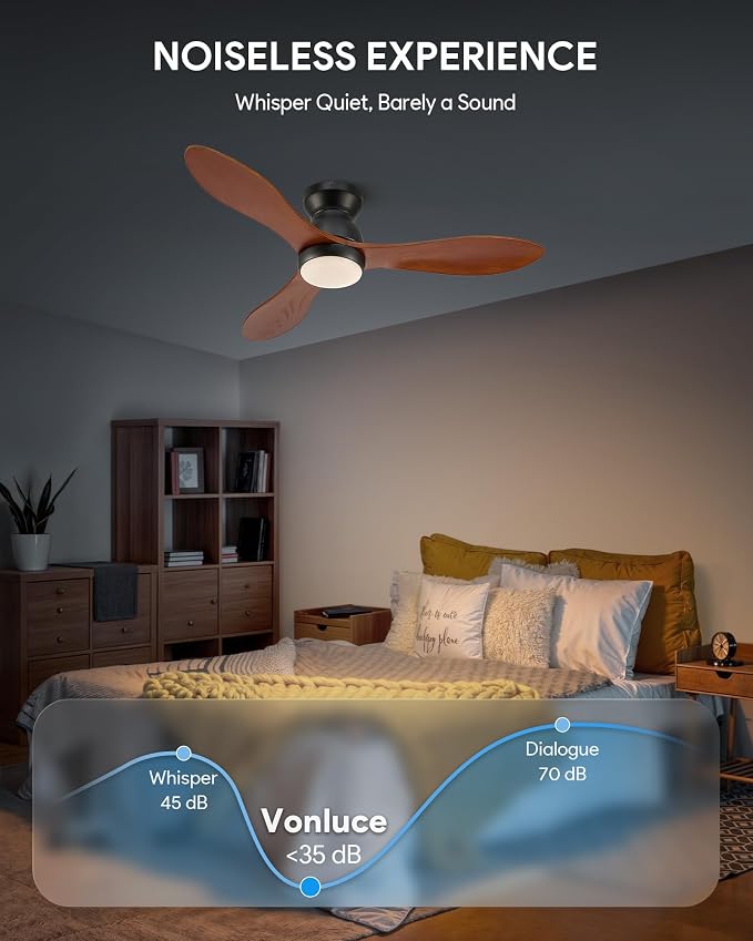 VONLUCE Wood Ceiling Fan with Lights, 42 Inch Flush Mount Ceiling Fan and Remote, 6-Speeds Quiet Reversible DC Motor, 3CCT, Natural Wood 3 Blades Outdoor Ceiling Fan for Patios Farmhouse, Black