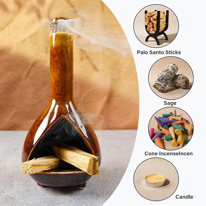 MOUGIGI Premium Ceramic Palo Santo Holder - Mini Chiminea for Sage & Incense - High-Temperature (1200°C) Cleansing Design for Energy Purification - Perfect for Yoga, Meditation, and Aromatherapy