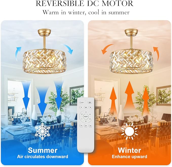 CATINER Gold Crystal Caged Ceiling Fans with Light, 18" Bladeless Ceiling Fan with Remote Control, 6 Speed Enclosed Ceiling Fan with Reversible Motor for Bedroom Kitchen Living Room
