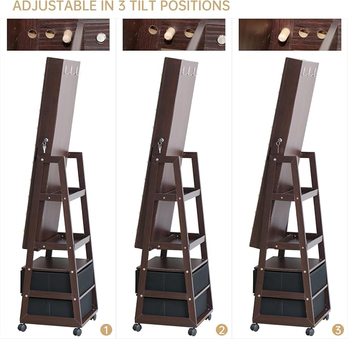 Jewelry Armoire Cabinet Organizer Standing with 20 LED Lights Lockable Full Length Mirror with Storage Shelves and 2 Drawers (Brown) Adjustable Tilt Angles Gift for Her