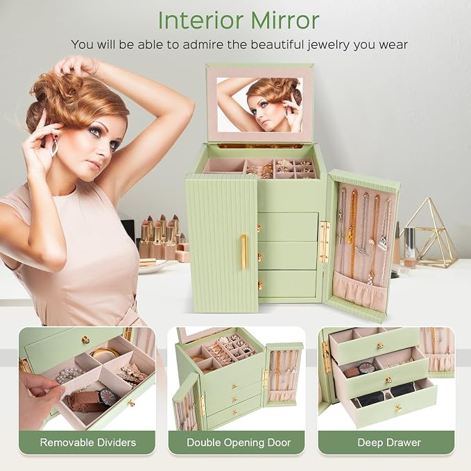 Dajasan Large Jewelry Box Organizer, Jewelry Storage Organizer with 3 Drawers, Huge Jewelry Box with Mirror for Women Girls, Double Door, Textured PU Leather, Gift Idea, Stylish (Green + Gold)