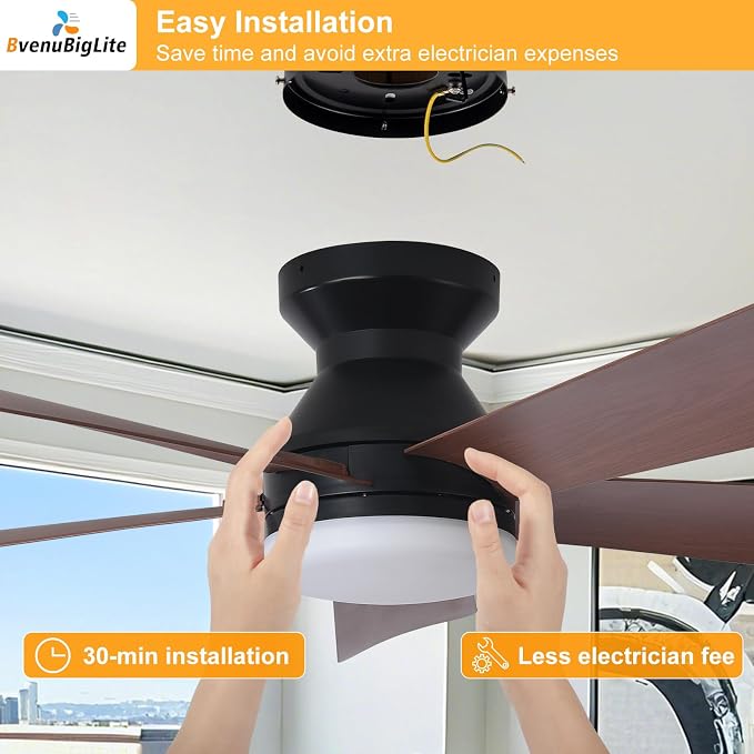 Ceiling Fans with Lights and Remote: 42 Inch Ceiling Fan with Light Low Profile - Flush Mount Ceiling Fan 5 Blades Reversible 3CCT Dimmable Noiseless for Bedroom (Black& Walnut)