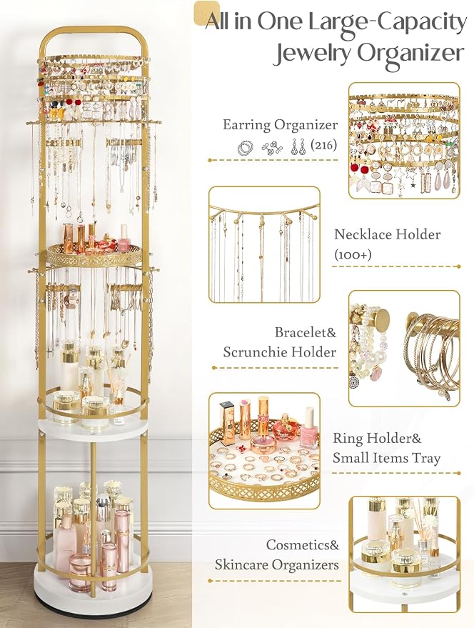 Jewelry Holder Organizer, Floor Jewelry Organizer with Earring Organizer Necklace Holder, Rotating Jewelry Stand Necklace Display Earring Storage, Large Hanging Jewelry Tree for Jewlery Bracelet Ring