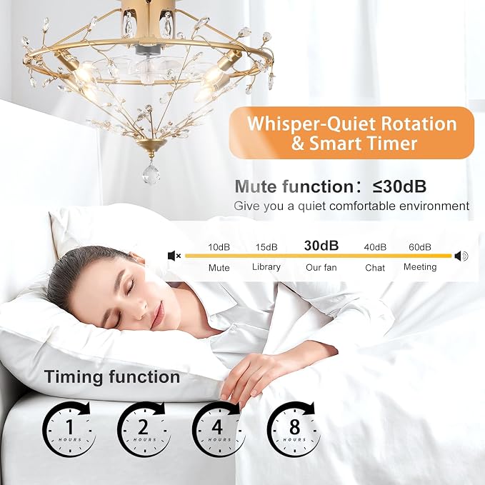Ganeed 23.6 Inch Gold Crystal Fandelier Ceiling Fan with Light, Chandelier Ceiling Fan with Lights Remote Control, Modern Crystal Fandelier 6 Speeds for Girl's Bedroom Nursery Living Room Kitchen