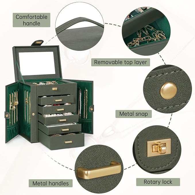 AKOZLIN 6-Tier Jewelry Box Organizer Functional 5 Drawers Leather Jewelry Storage Case for Women Girls Ring Necklace Earring Bracelet Holder Organizer with Mirror DrakGreen Regular