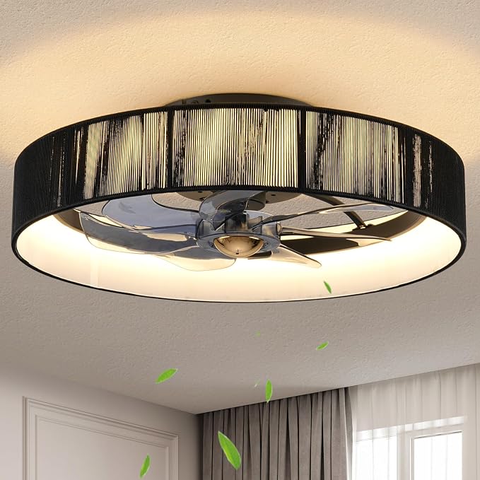 19.6'' Farmhouse Dimmable Ceiling Fan with Lights and Remote Control,Flush Mount Boho Ceiling Fan with Light,chandelier with fabric shades,LED Light 3 Color Temperatures 6-Speed Timer for Bedroom