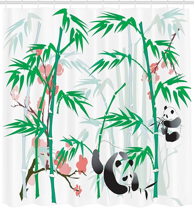 Ambesonne Panda Shower Curtain, Wild Forest Nature Themed Exotic Jungle and Asian Bear in Ethnic Tropics, Cloth Fabric Bathroom Decor Set with Hooks, 69" W x 84" L, Pink Black and Green