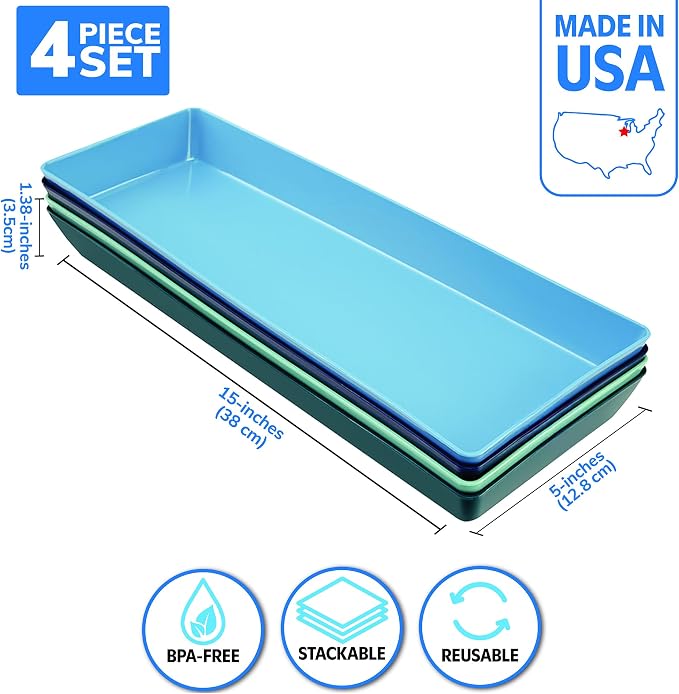 US Acrylic Coastal Plastic Serving Trays (Set of 4) 15” x 5” | Narrow Unbreakable Reusable Rectangular Party Platters | Serve Appetizers, Fruit, Veggies, & Desserts | BPA-Free & Made in USA