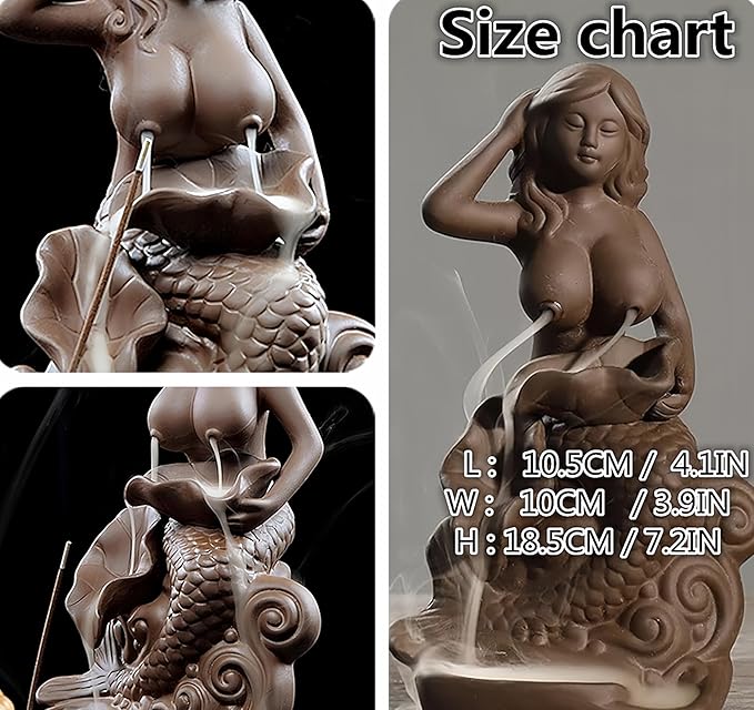 Mermaid Backflow Incense Burner and Incense Cones, Handmade Ceramic Waterfall Incense Holders Home Decor Gift Artwork Statue Ornaments