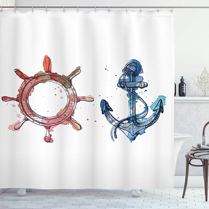 Ambesonne Nautical Shower Curtain, Illustration of an Anchor and Steering Wheel Watercolors Splashes Ink Brush Effects, Cloth Fabric Bathroom Decor Set with Hooks, 69" W x 84" L, Pink Blue