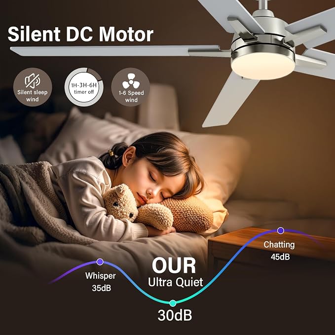 60 Inch Brushed Nickel Ceiling Fans with Lights and Remote, Reversible, 3CCT, Dimmable, Noiseless, Large Ceiling Fan for Bedroom, Living Room and Patio, Indoor/Outdoor Use