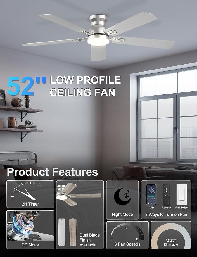 52'' Silver Flush Mount Ceiling Fan with Lights for Bedroom | App/Remote Control, Low Profile, Space-Saving, Quiet DC Motor, 3CCT Dimmable, 6 Speeds Modern Overhead Fan for Low Ceilings