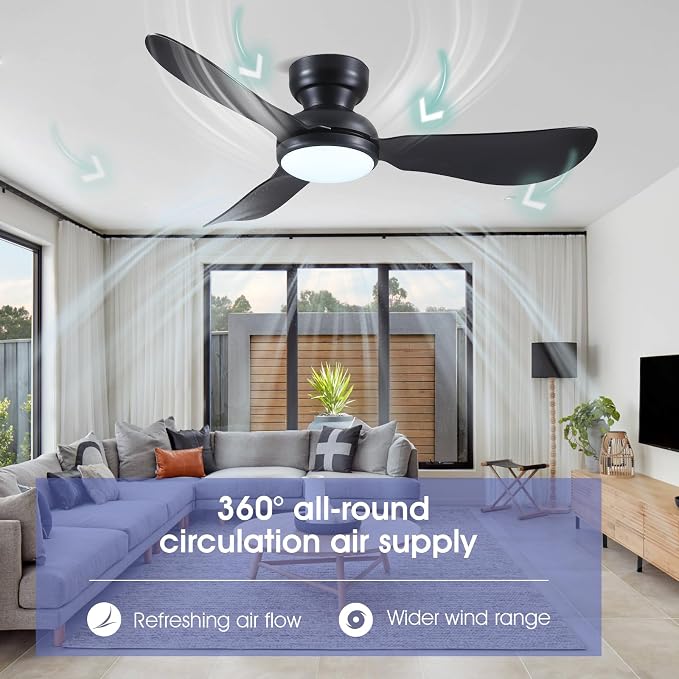 Kviflon 46 Inch Modern Ceiling Fans with Lights, Small Flush Mount Ceiling Fan with Light and Remote/APP Control, 3 Reversible Curved Blades, 6 Speeds, 3 CCT Dimmable Lights for Bedroom, Black