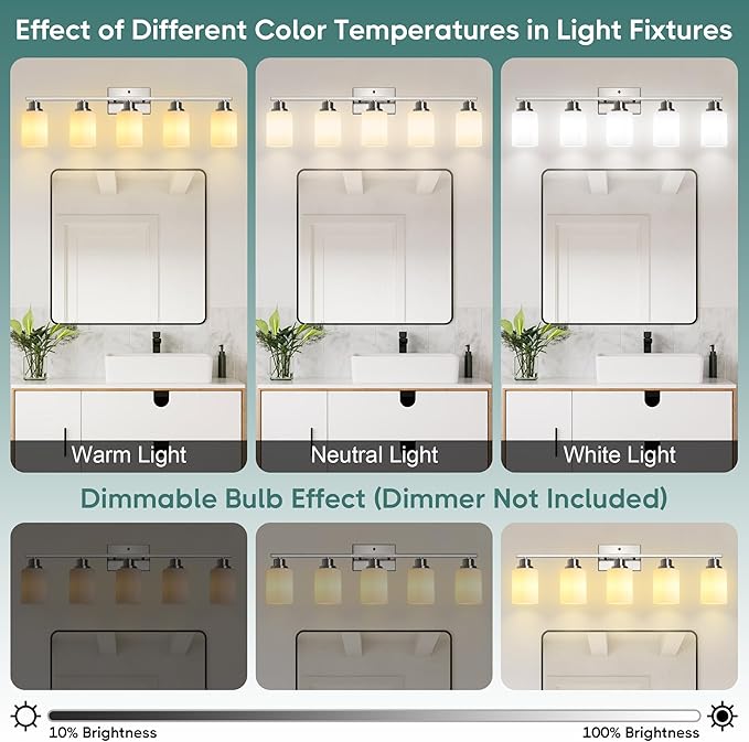 Ascher Bathroom Light Fixtures, 5-Light Vanity Light Over Mirror, Brushed Nickel Wall Sconces with Milky White Frosted Glass Shades, Wall Lamp for Living Room Bedroom, E26 Base(Bulbs Not Included)