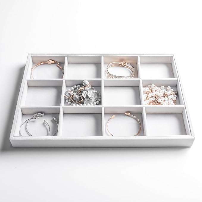 Frebeauty Jewelry Trays for Drawer,Set of 2 Jewelry Organizer and Storage | Velvet Material,Stackable,Adjustable Dividers,Drawer Inserts for Rings Studs Bracelet,Earring Organizer for Women Girls