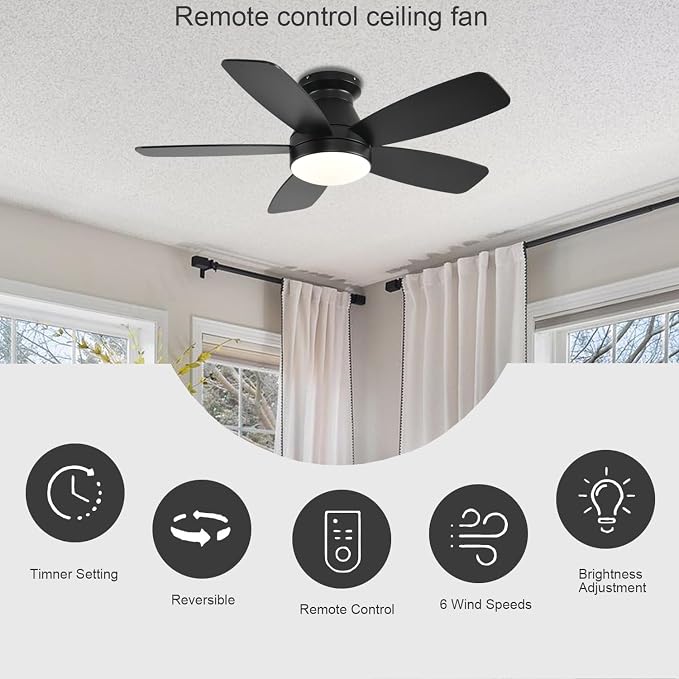 JSAITEE Ceiling Fans with Lights, 42 Inch Low Profile Ceiling Fan with Light and Remote/App Control, Flush Mount, Reversible, 3CCT, Dimmable, Noiseless, Black Ceiling Fan for Indoor/Outdoor Use