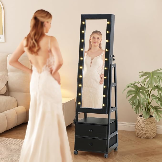 Jewelry Armoire Cabinet Organizer Standing with 20 LED Lights Lockable Full Length Mirror with Storage Shelves and 2 Drawers (Black) Adjustable Tilt Angles Gift for Her