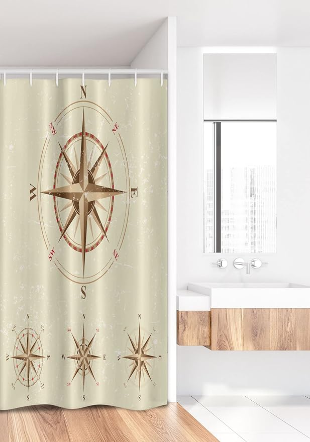 Ambesonne Compass Stall Shower Curtain, 4 Different Compasses in Retro Colors Discovery Equipment Where Nautical Marine, Fabric Bathroom Decor Set with Hooks, 36" W x 72" L, Beige Tan
