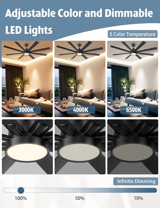 72 Inch Large Ceiling Fans with Lights and Remote - Wood/Matte Black Ceiling Fan, Quiet DC Motor, 3 CCT, Modern Dimmable LED Lighting & Large Ceiling Fans for Living Room Patio, Indoor/Outdoor