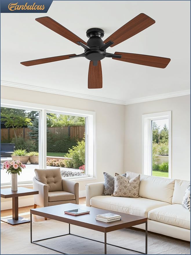 Fanbulous 52 Inch Flush Mount Ceiling Fan No Light with Remote, Black | Modern Low Profile Without Light, 6-Speed, Quiet Reversible DC Motor, Indoor/Outdoor Use, for Bedroom, Living Room, Patio
