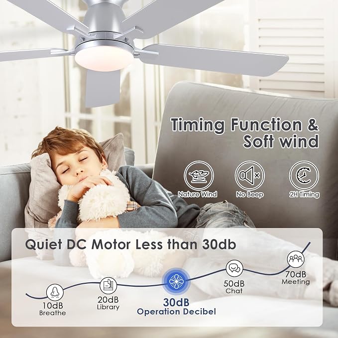 52 Inch Ceiling Fans with Lights and Remote, Flush Mount, Silver | Low Profile, Dimmable LED, Reversible, Quiet DC Motor, Wooden Blades, for Modern Apartment Bedroom Home Office Living Room