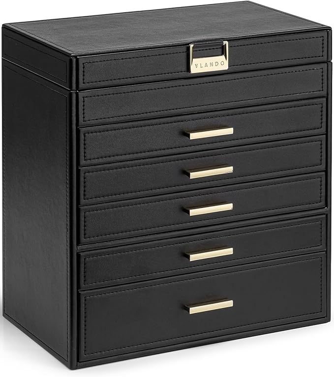 VLANDO 6 Layer Large Jewelry Box - Jewelry Holder Organizer, Jewelry Box Organizer for Drawer Necklace Ring Bracelet and Watch, Birthday Gift for Loved Ones - Black