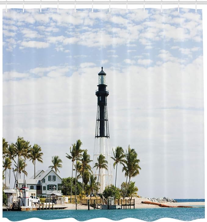 Ambesonne United States Shower Curtain, Hillsboro Lighthouse Pompano Beach Florida Atlantic Ocean Palms Coast, Cloth Fabric Bathroom Decor Set with Hooks, 69" W x 84" L, Blue White Green