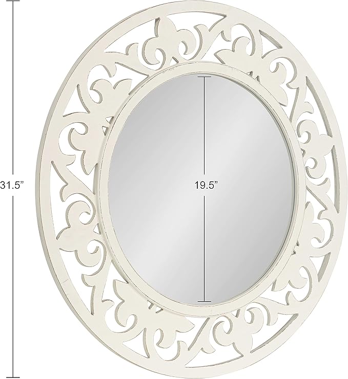 Kate and Laurel Shovali Coastal Round Mirror; 32 Inch Diameter; White; Decadent Wall Decor with Ornate Wood-Carved Frame