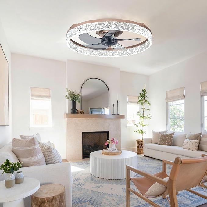 Depuley Bedroom Ceiling Fans with Lights: 20" Modern Low Profile Flush Mount Bladeless Ceiling Fan with App Remote Control - Brown Fandelier for Living Room Kitchen Dimmable Quiet DC Motor