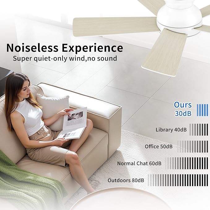 POCHFAN 42 Inch White Ceiling Fans with Lights and Remote, LED Low Profile Flush Mount Ceiling Fan for Bedroom, Living Room, Patio, Quiet DC Motor, 5 Blades