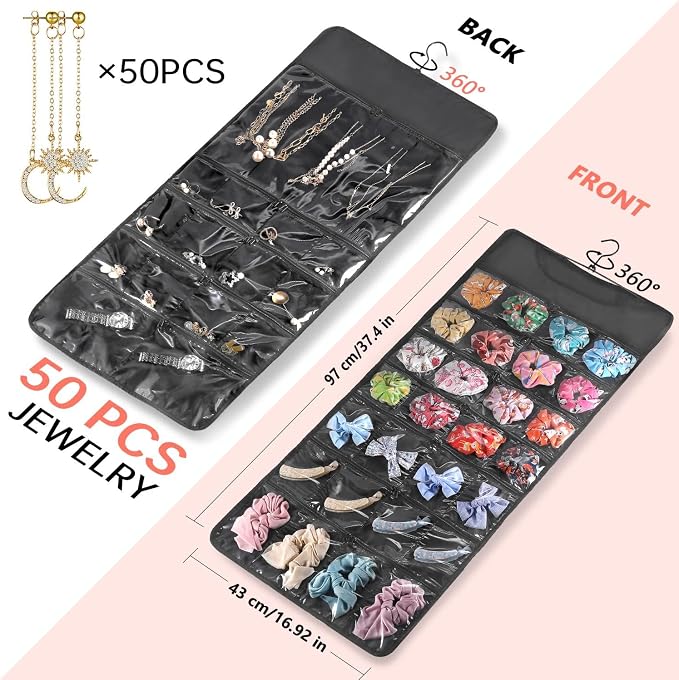 FOREGOER Hanging Jewelry Organizer 43 Large Zipper Pockets Necklace Holder | Double Sided, Large Capacity, Foldable for Travel, Jewelry Holder Roll for Earrings, Necklaces, Rings on Closet, Wall, Door
