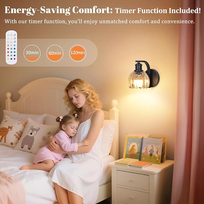 VerRon Rechargeable Battery Operated Wall Sconce Set of Two with Amber Glass Lampshade, Wireless Wall Scone Decor with Remote Control, 15 Colors Black Wall Light for Bedside Hallway Bedroom Doorway
