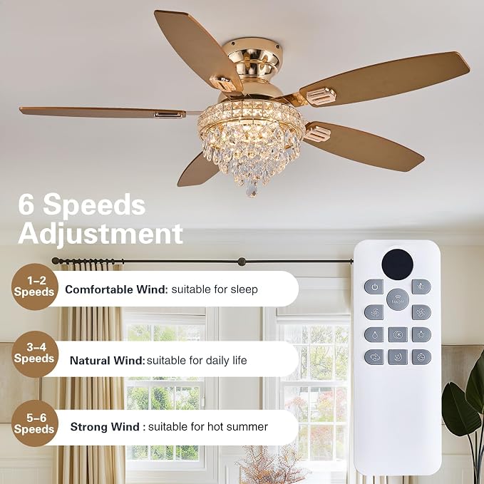 Crystal Ceiling Fan Fandelier with Lights-Ceiling Fans with Lights,54" Low Profile and Remote Control, Flush Mount, Reversible, Dimmable, Noiseless,Gold Ceiling Fan for Bedroom