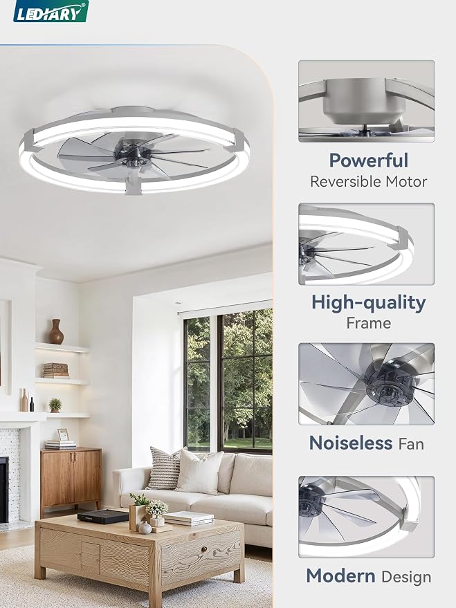 LEDIARY Ceiling Fans with Lights, 23 Inch Low Profile Ceiling Fan with Remote, 6 Speeds, Reversible, Dimmable Flush Mount Fan Light, Modern Fandelier Ceiling Fan with Lights for Bedroom, Grey